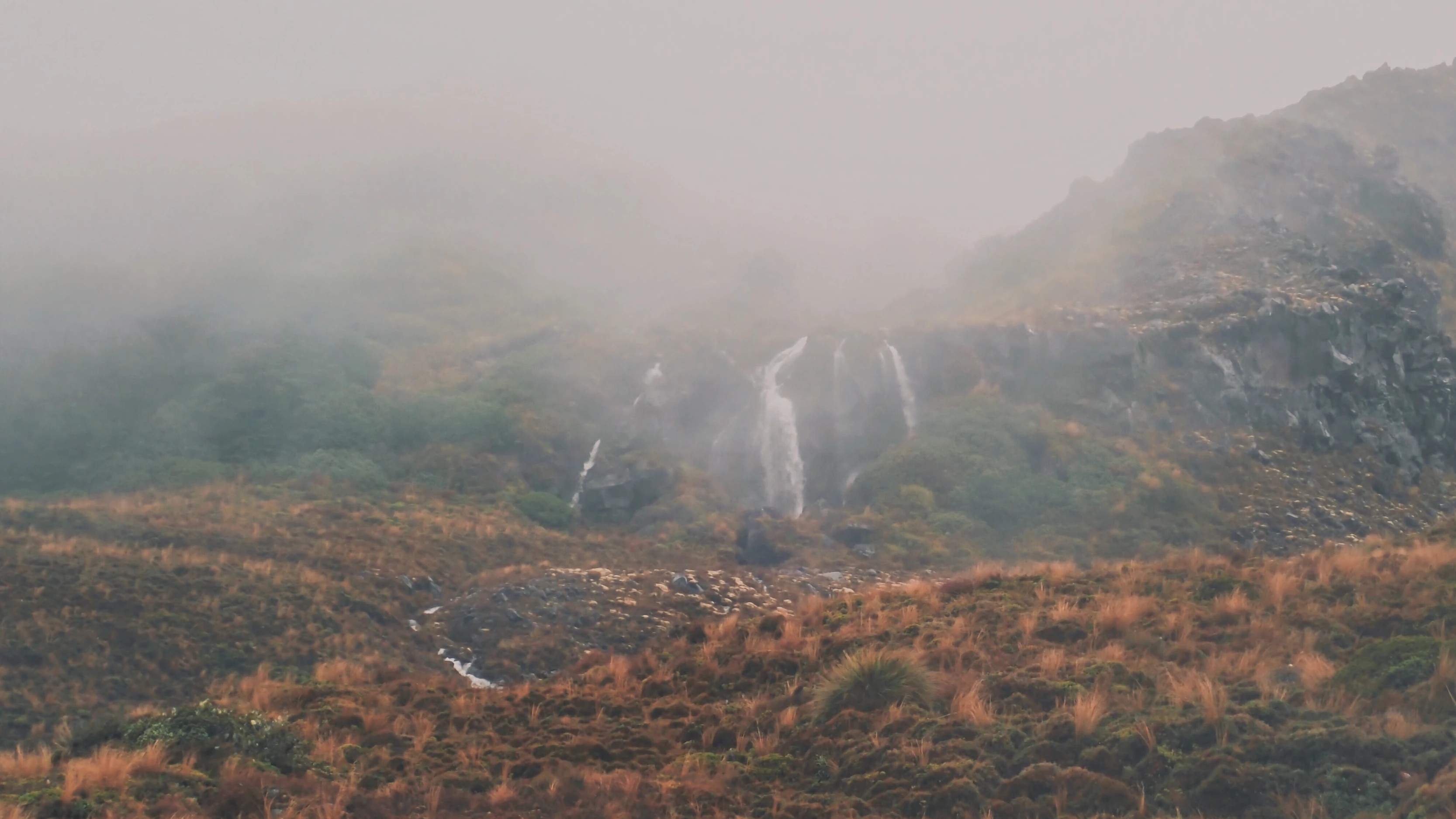 Rainy walk through rugged mountain bushland along Silica Rapids with small waterfalls flowing down rock faces beneath low clouds in Ruapehu region, New Zealand.